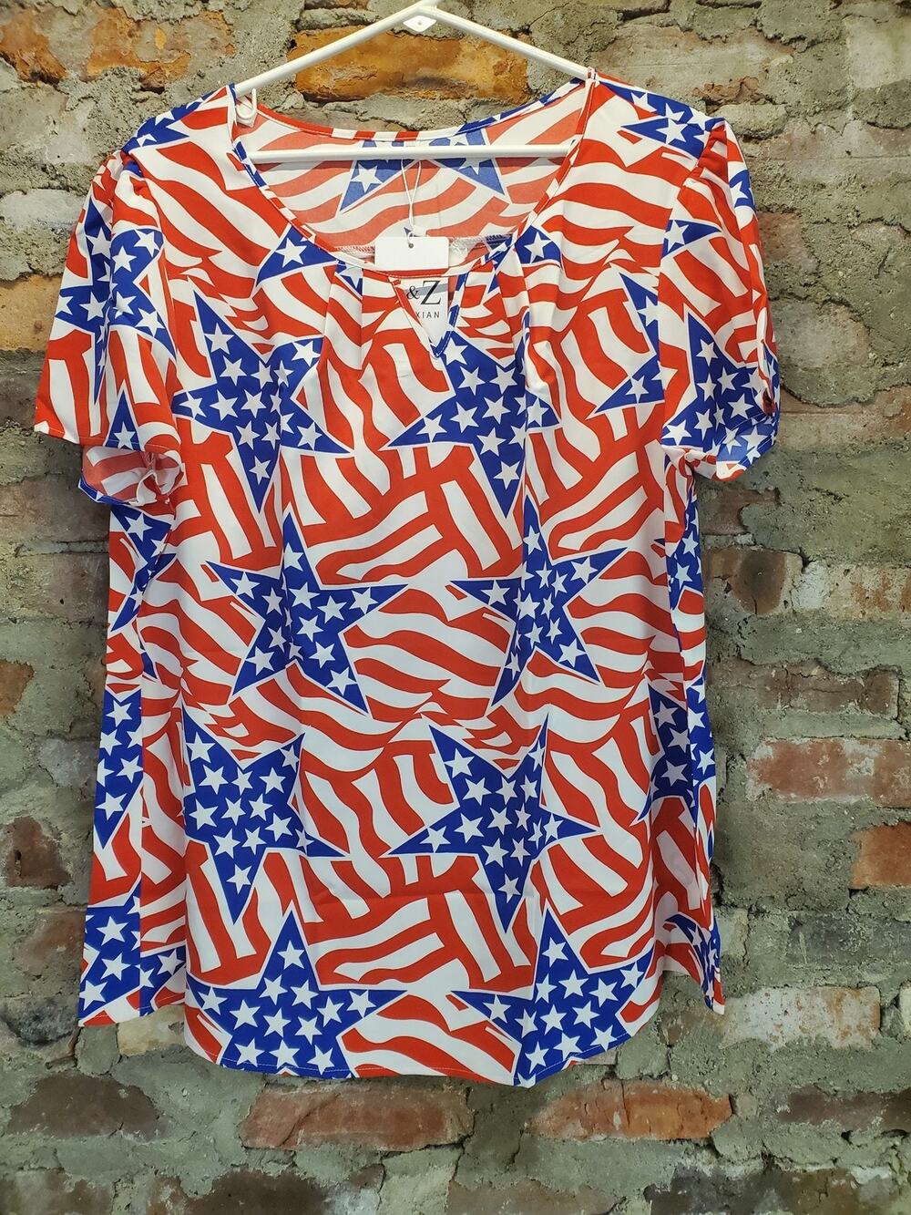 Womens American Flag Top Shirt 2XL Red White Blue Patriotic Short Sleeve